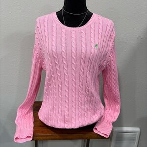 Lilly Pulitzer Pink Cable-Knit Crewneck Sweater with Green Palm Accent